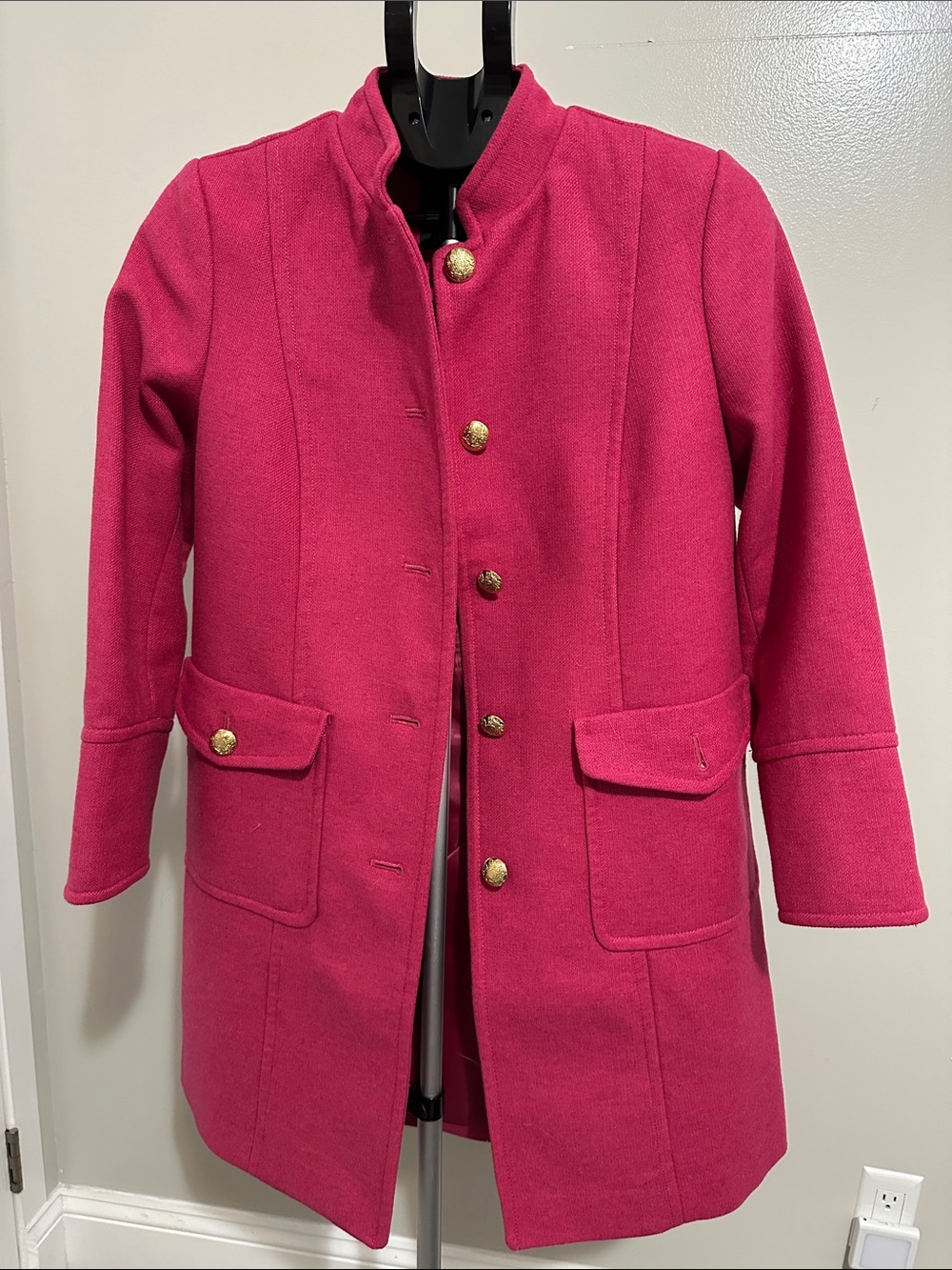 Talbots Bright Pink Wool-Blend A-Line Pea Coat with Gold Buttons